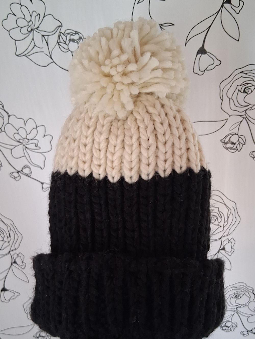 Vince Camuto Two-Tone Pom Knit Beanie - Cream and Black